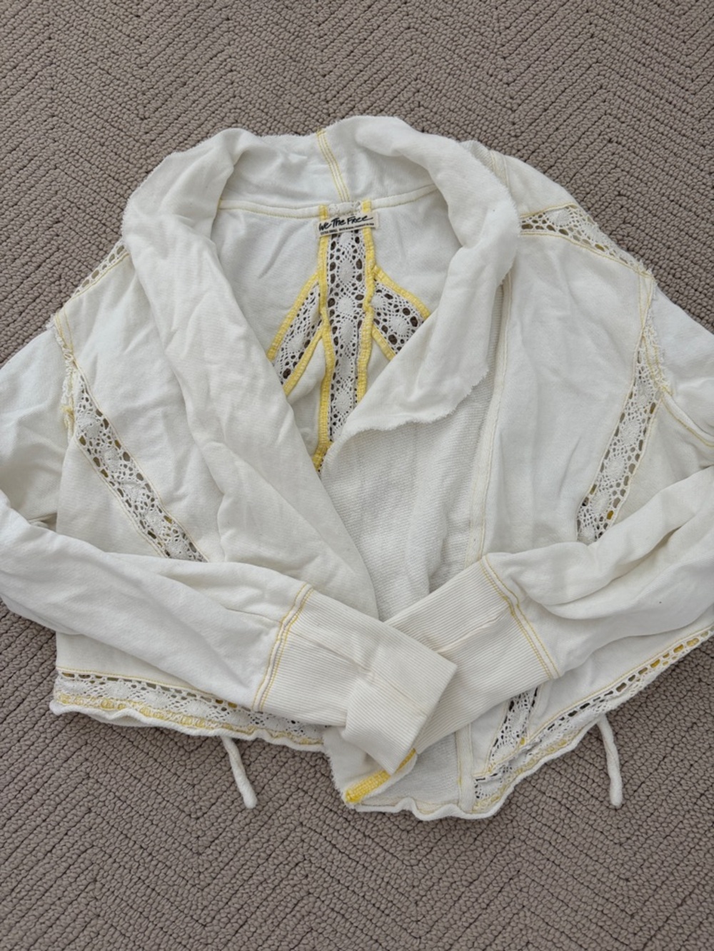 Free People Cream & Yellow Lace-Trim Cropped Cardigan